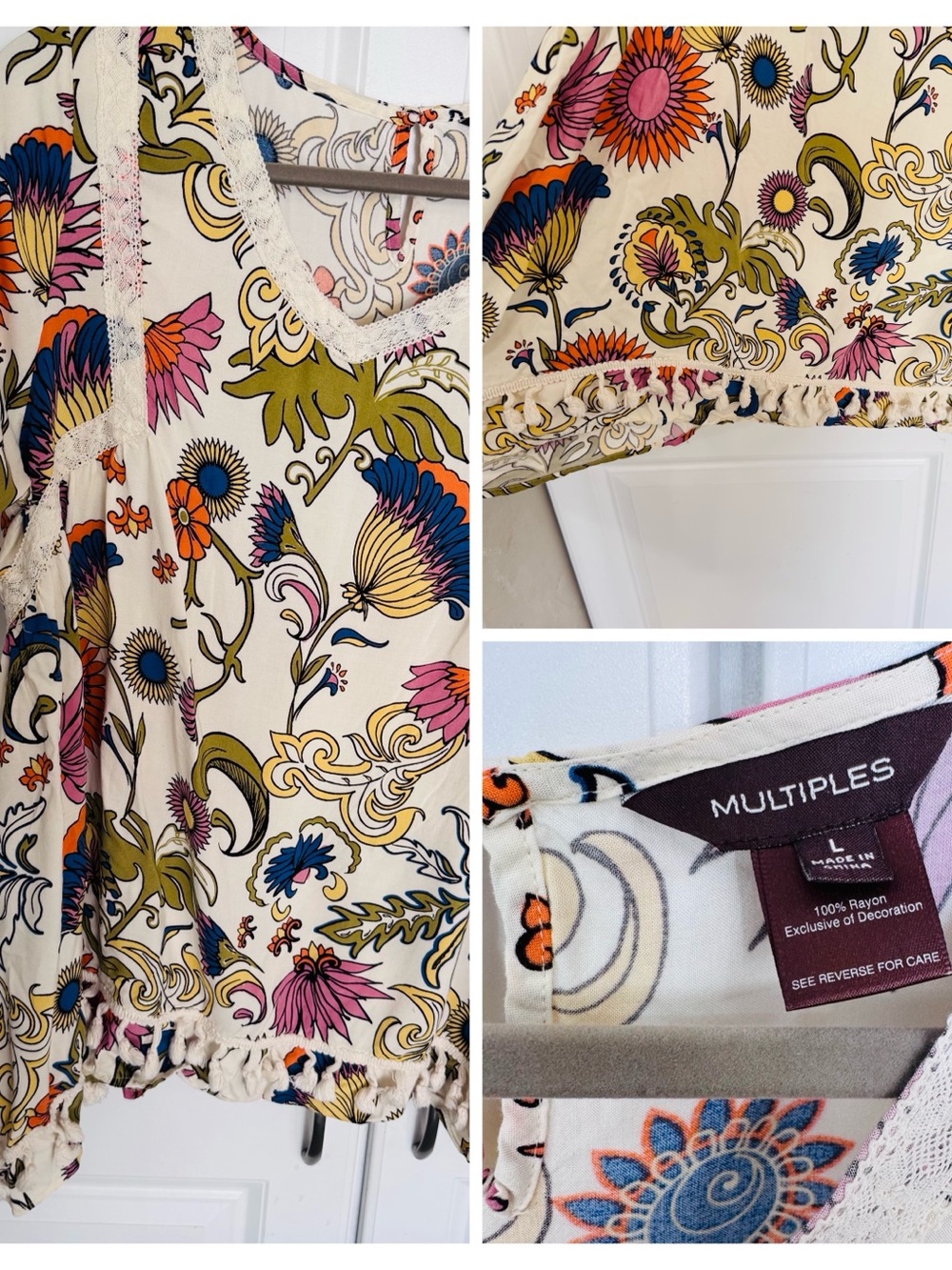Multiples Floral Swing Dress in Cream with Pink, Blue & Olive Motifs